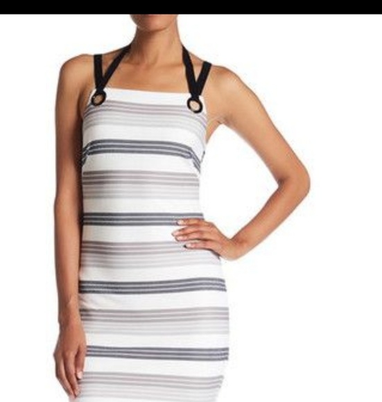 NWOT**Alton Gray White & Grey Striped Midi Dress - Picture 2 of 6